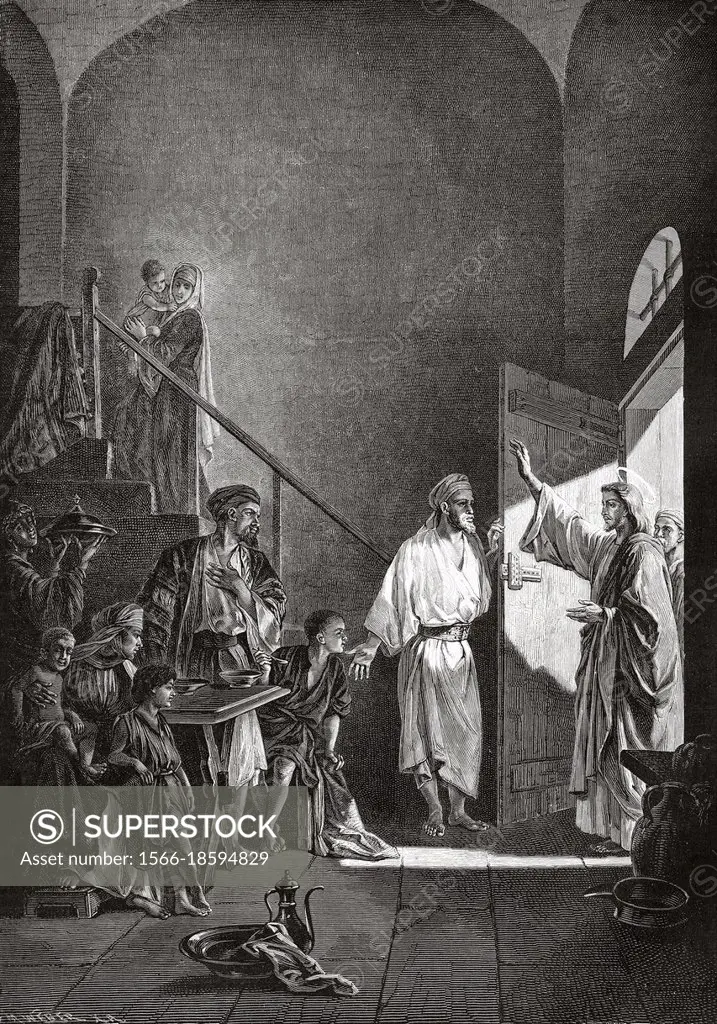 Jesus in the House of Simon the Pharisee. Old 19th century engraved illustration from La Ilustración Artística 1882.