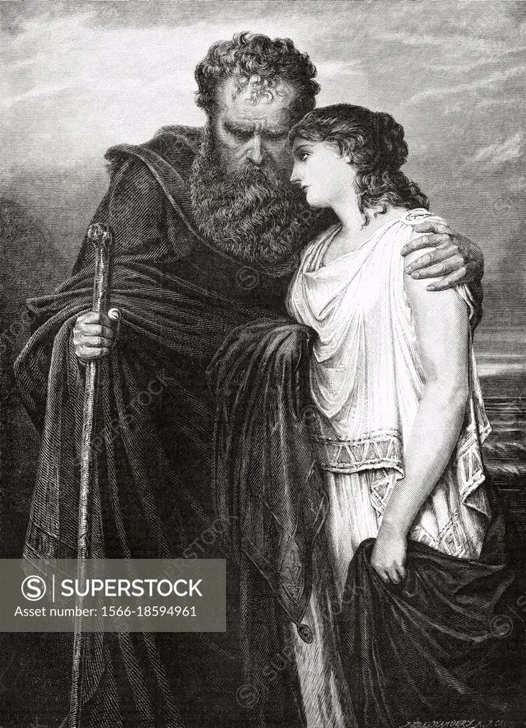 Oedipus and Antigone, painting by Emil Teschendorff (1833-1894) was a German painter. Old 19th century engraved illustration from La Ilustración Artís...