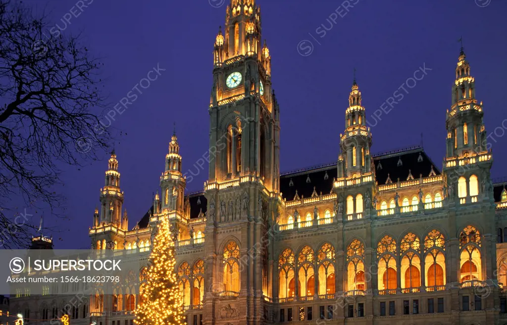 townhall and christmas tree, vienna, austria.