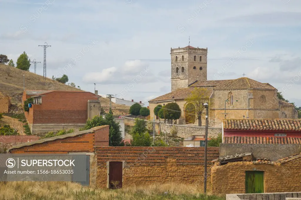 Church and village. Encinas de Esgueva, valladolid province, Castilla Leon, Spain.