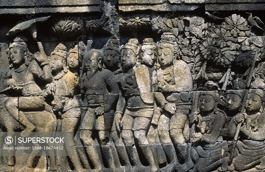 Borobudur or Barabudur is a Mahayana Buddhist temple from 7th century. Carved relief stone. Magelang, Java, Indonesia.