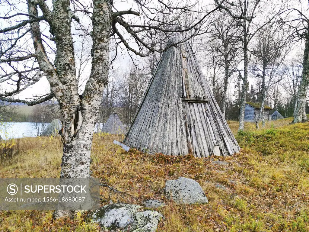 Sami huts and cottage in Fatmomakke. Fatmomakke church town has hundreds of buildings, partly huts used by the Sami, partly timbered cottages used by ...