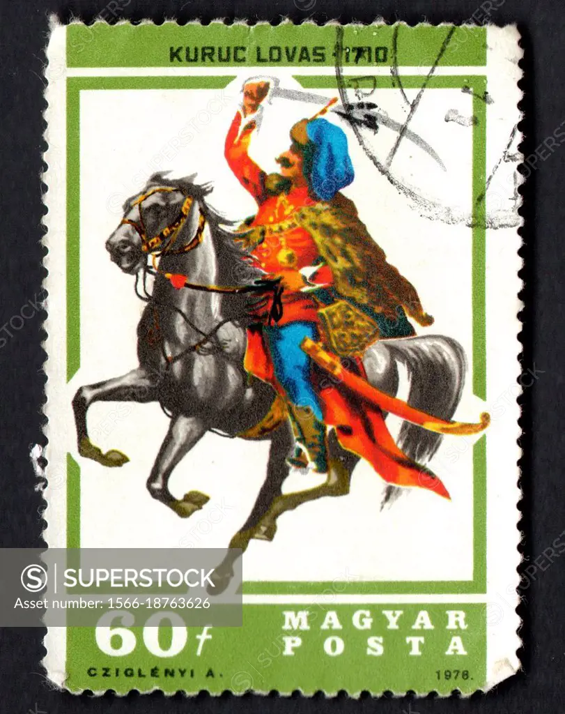 Hungary - CIRCA 1978: Hungarian postage stamp with rider on horseback. Hungarian Post. Hungarian postage stamp 1978. Magyar posta.  