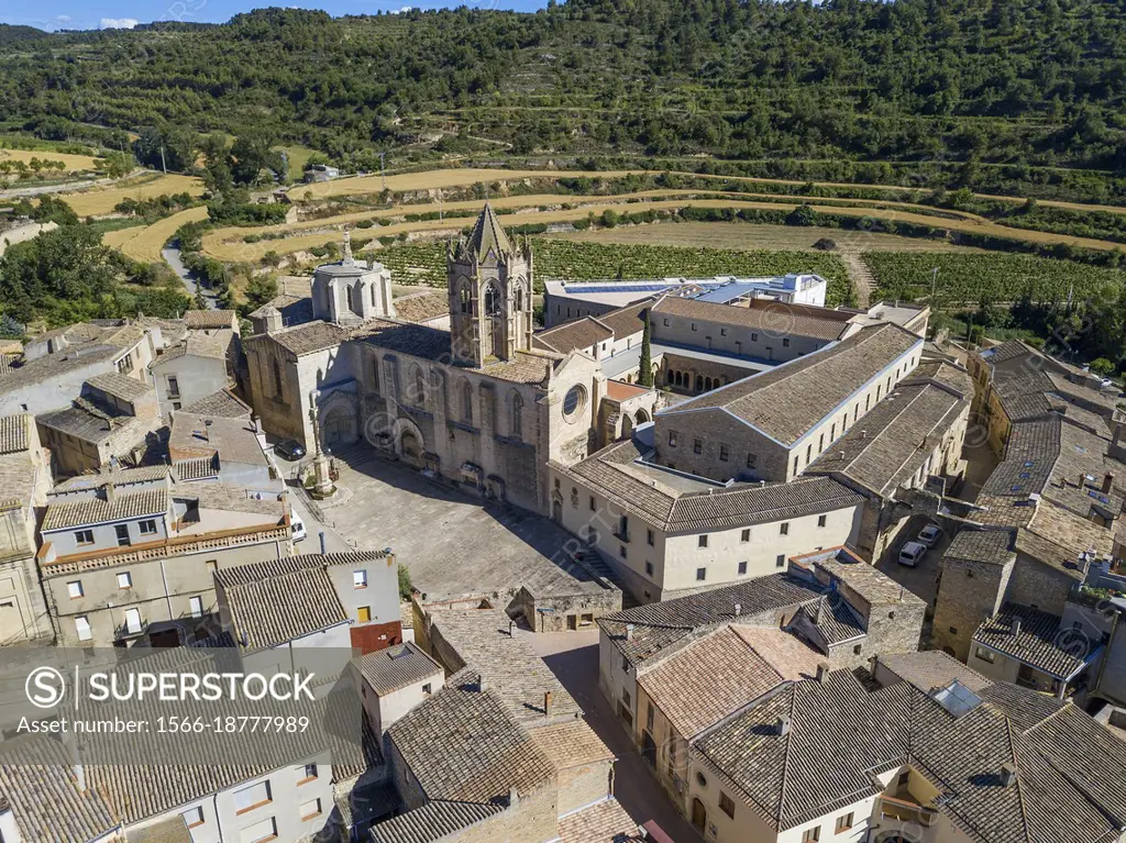 Aerial view of Vallbona de les Monges LLeida Catalonia Spain. Vallbona Abbey, otherwise the Monastery of Santa Maria de Vallbona is a Cistercian nunne...