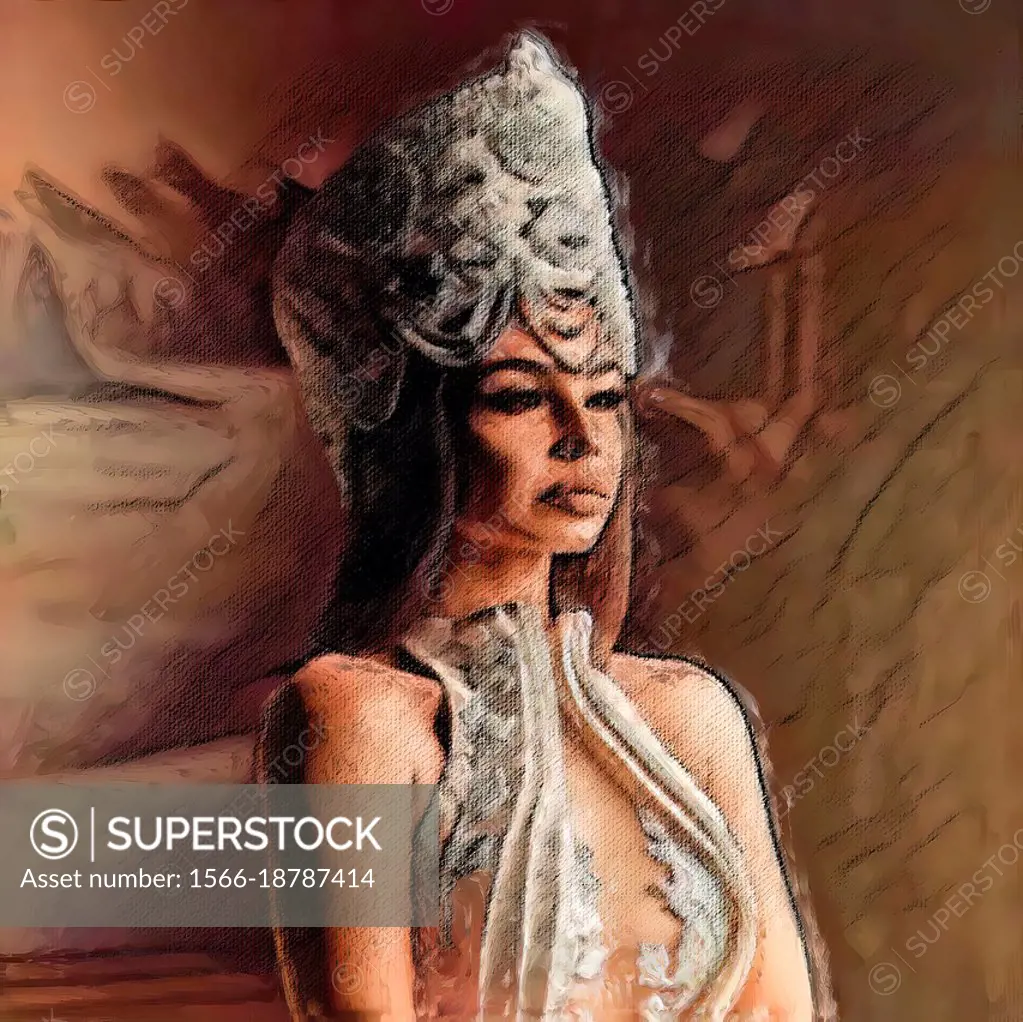 Painting of Queen Tiye, the great royal wife of King Amenhotep III. Oil on canvas - by Mahmoud Younes.