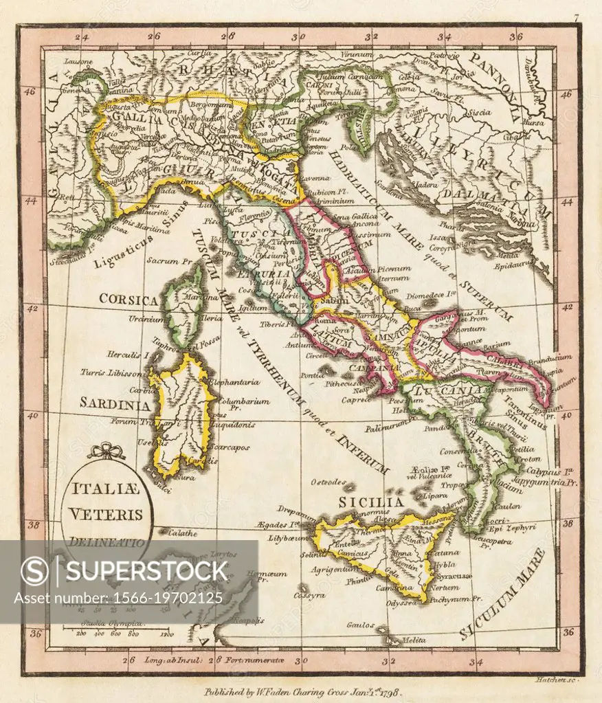 Italiae veteris delineatio. Ancient Italy. 1798 map by cartographer William Faden, engraved by Hatchett. Faden was the royal geographer to King George...