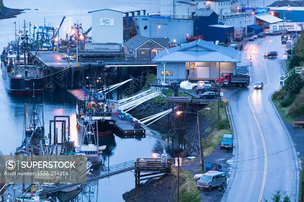 St. Paul Boat Harbor & Star of Kodiak Fish Cannery Ship/Plant. Dawn. Kodiak. Kodiak Island. Southwest Alaska. USA.