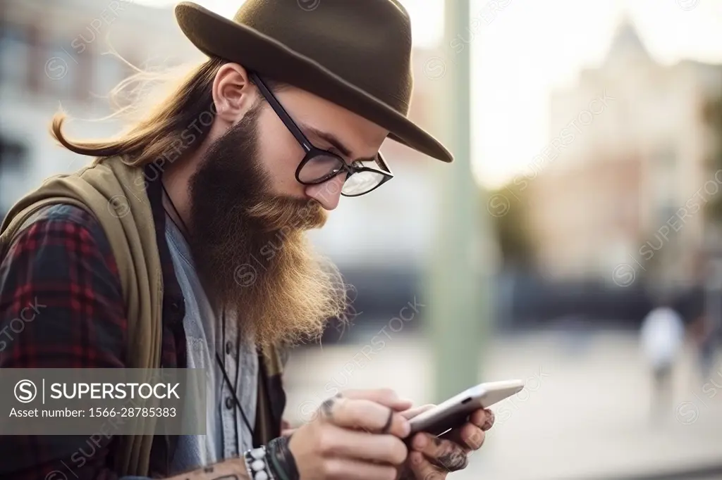 Handsome, old-fashioned hipster in shirt, chatting with smartphone in the city. AI Generative,.