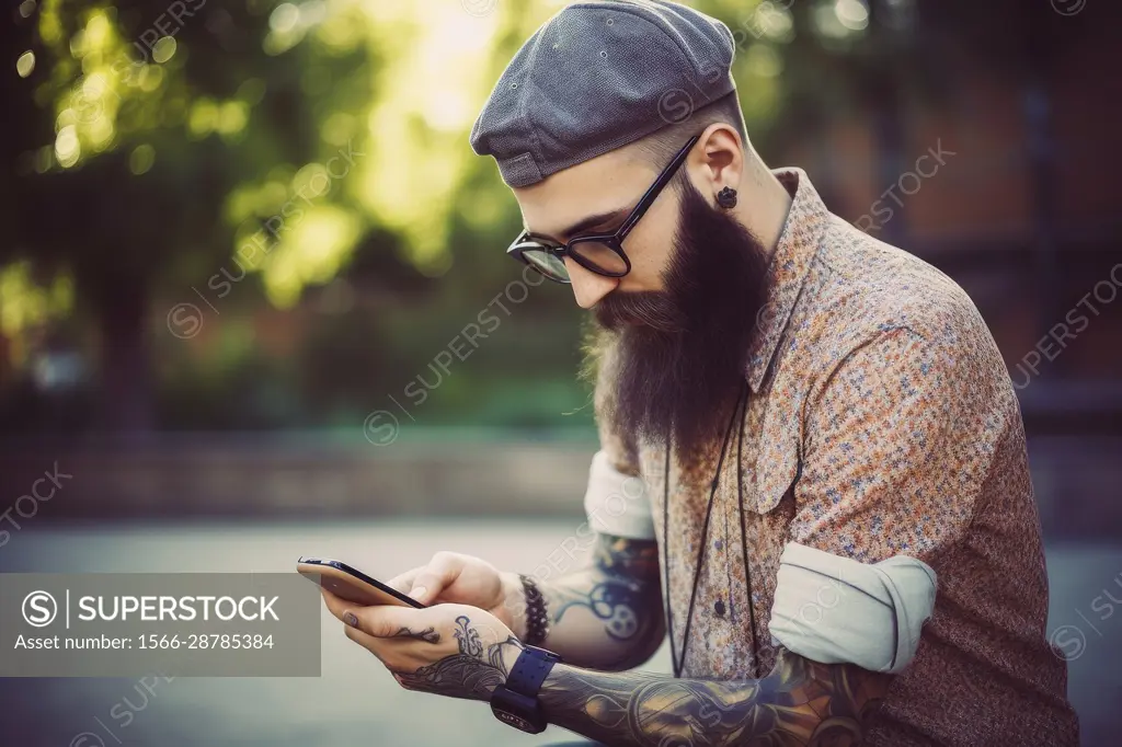 Handsome, old-fashioned hipster in shirt, chatting with smartphone in the city. AI Generative,.