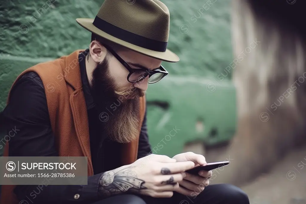 hipster with long beard glasses and hat using his smartphone in the city, Ai generative,.