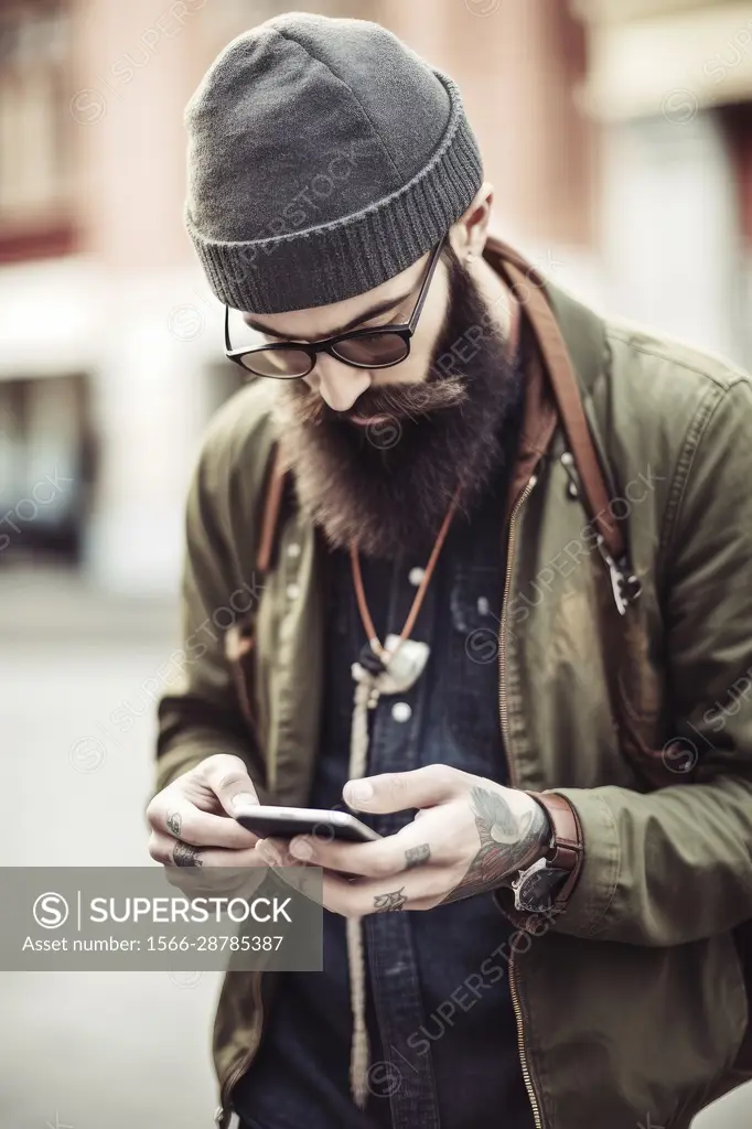 Detail of hipster man with phone,AI generative,.