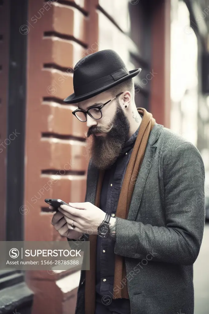 Young male hipster looking at smartphones at city, AI Generative,.