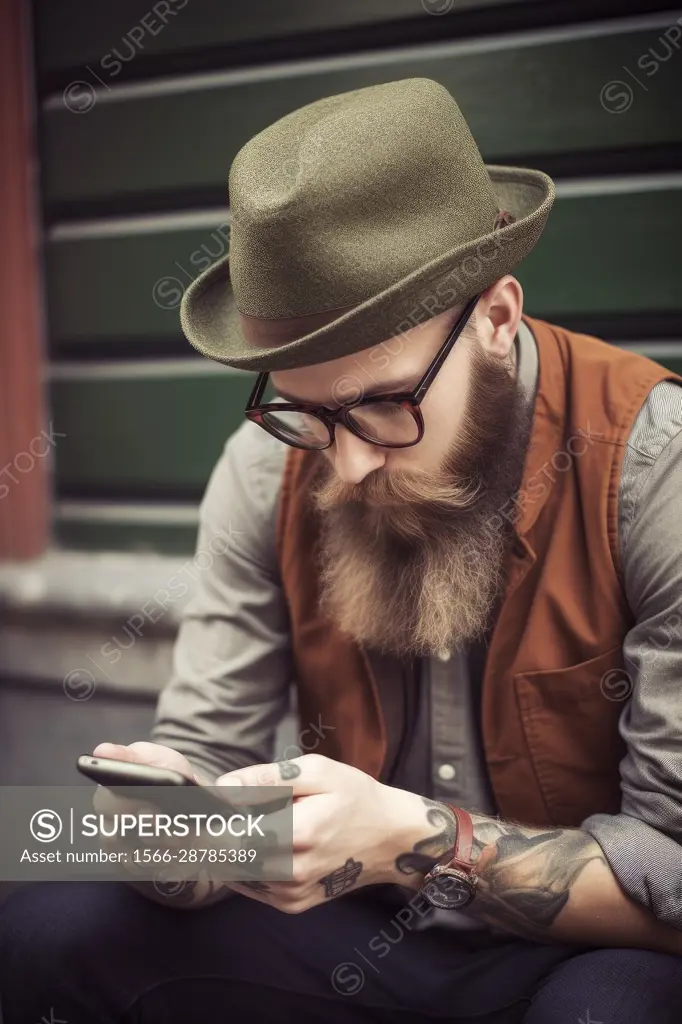 Young male hipster looking at smartphones at city, AI Generative,.