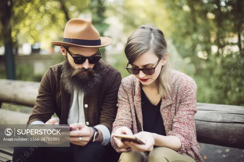 Young hipster couple sitting on a bench interacting with social networks with their smartphone. Ai Generative,.