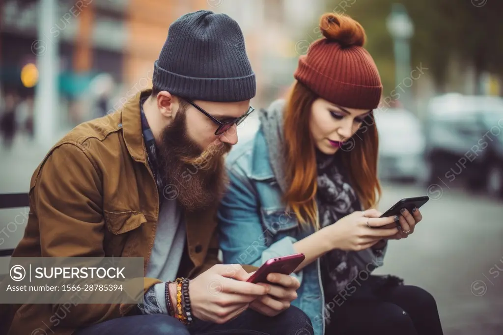 Fashionable young hipster couple sitting with smart phone, on social media, AI Generative,.