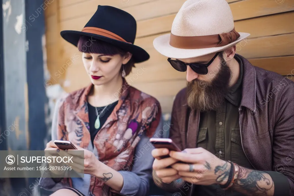 Fashionable young hipster couple sitting with smart phone, on social media, AI Generative,.