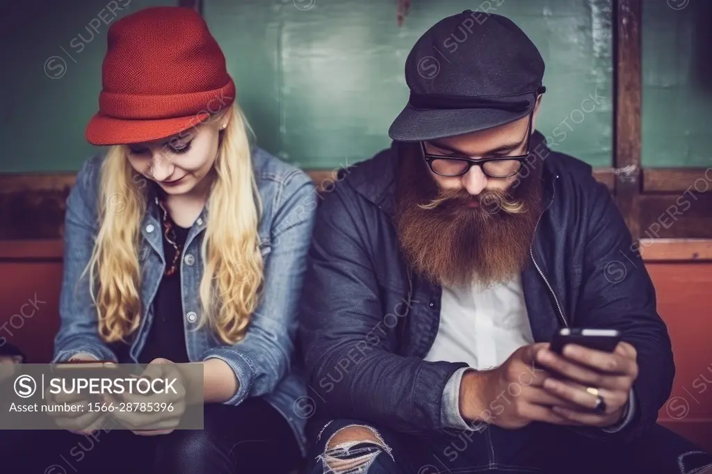 Fashionable young hipster couple sitting with smart phone, on social media, AI Generative,.