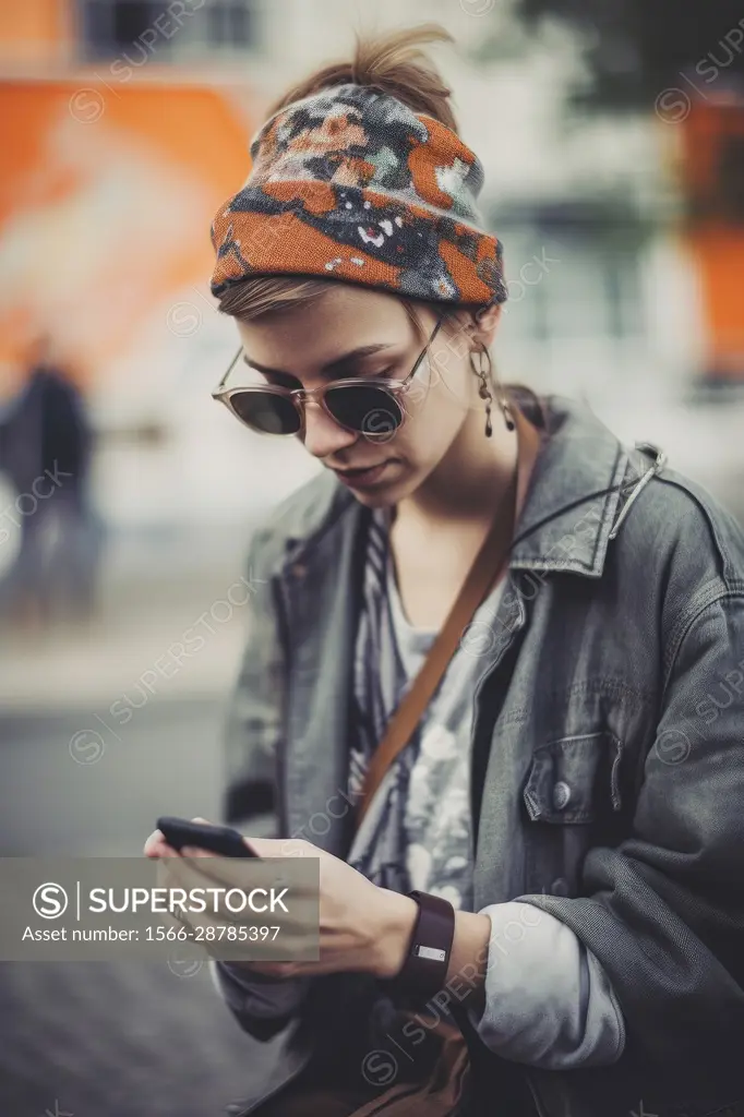 hipster girl with glasses vintage clothes, using smartphone in the city, Ai Generative,.