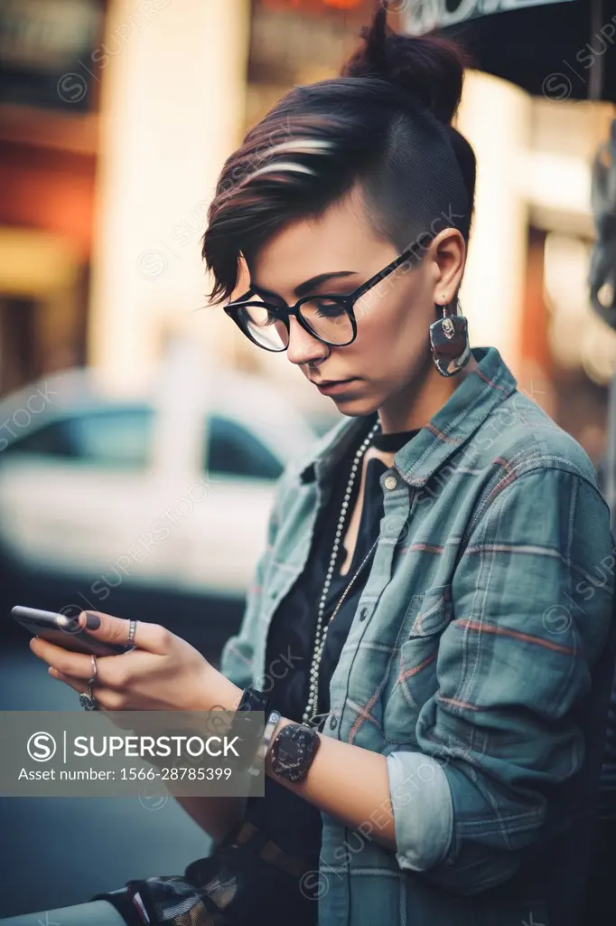 hipster girl with glasses vintage clothes, using smartphone in the city, Ai Generative,.