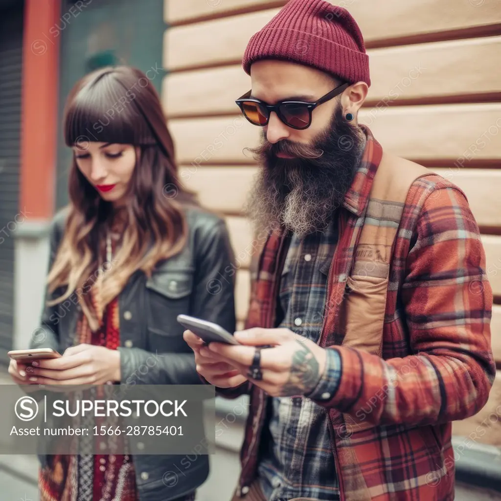 hipster couple looking at smartphone on sidewalk, Ai Generative,.