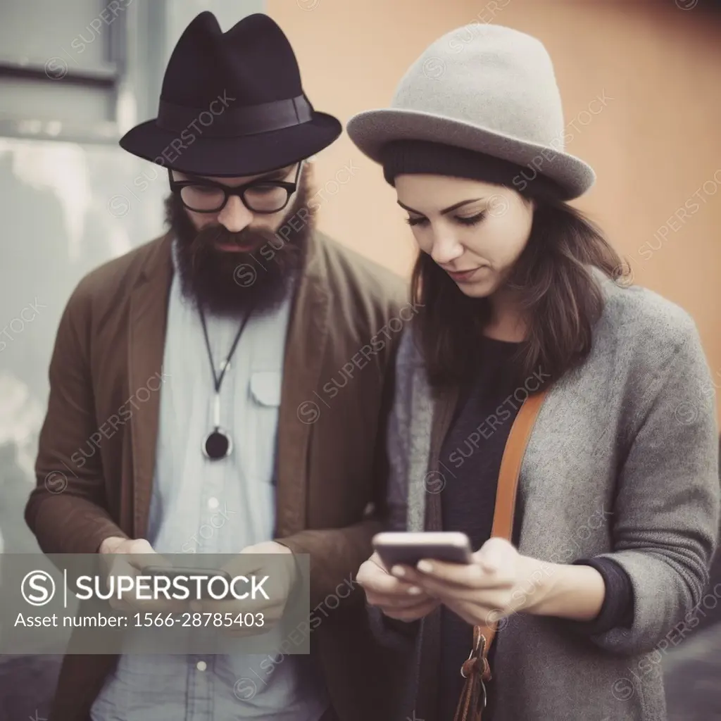 Young hipster couple sitting on a bench interacting with social networks with their smartphone. Ai Generative,.