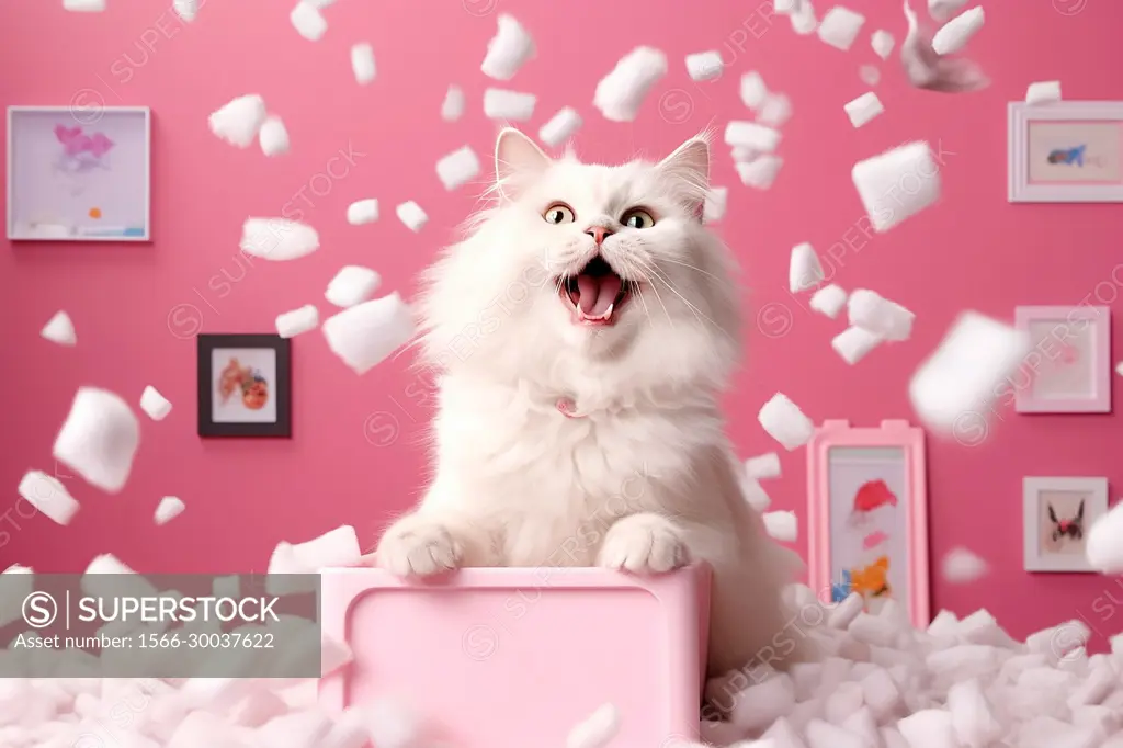 A happy long hair white cat yawing, meme photo, indoor room.