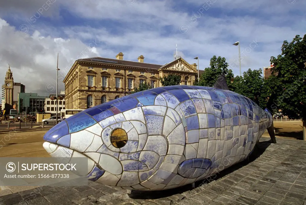 The Big Fish is a printed ceramic mosaic sculpture by John Kindness The work was commissioned to celebrate the regeneration of the River Lagan, Belfas...