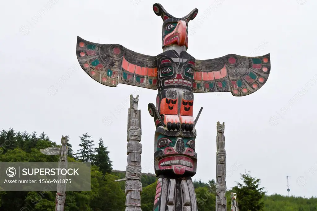 Totem poles in the cemetery of the First Nations Kwakwaka´wakw people in Alert Bay, Cormorant Island, British Columbia, Canada