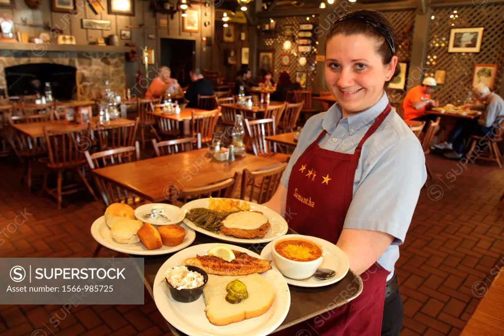 Florida, Fort Ft  Lauderdale, Cracker Barrel, restaurant, woman, waitress, employee, uniform, job, serving, tray, plates, food, lunch, fish, grilled t...