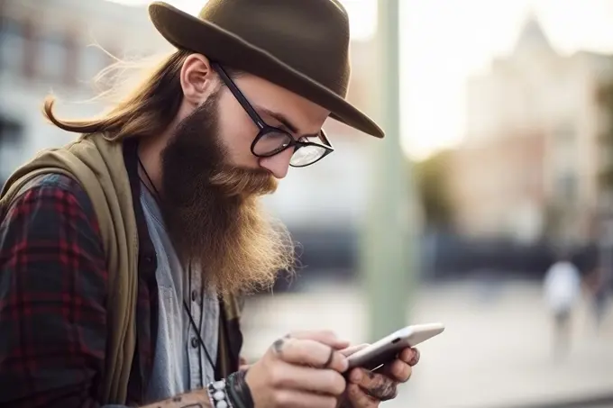 Handsome, old-fashioned hipster in shirt, chatting with smartphone in the city. AI Generative,.