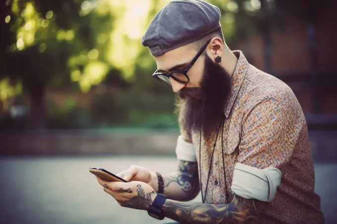 Handsome, old-fashioned hipster in shirt, chatting with smartphone in the city. AI Generative,.