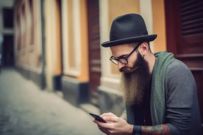 hipster with long beard glasses and hat using his smartphone in the city, Ai generative,.