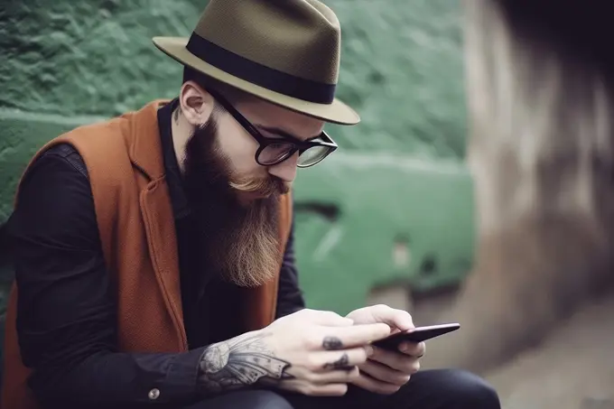 hipster with long beard glasses and hat using his smartphone in the city, Ai generative,.