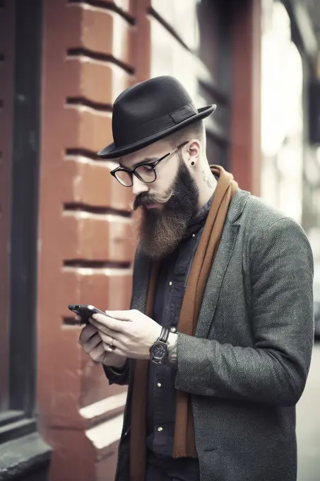 Young male hipster looking at smartphones at city, AI Generative,.