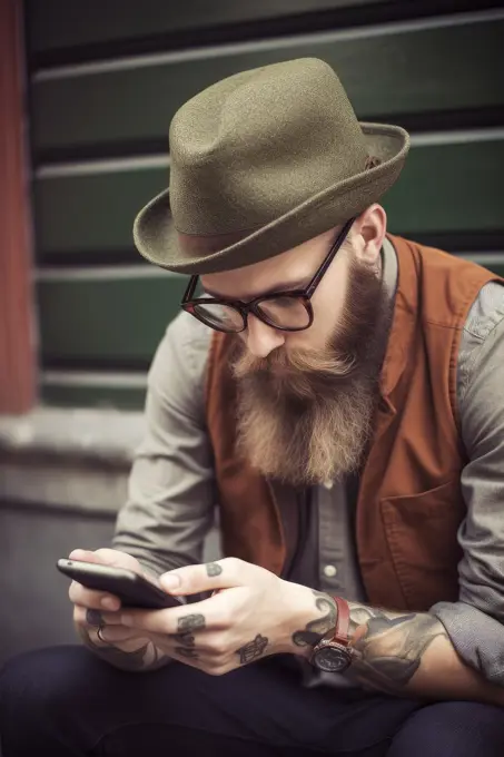 Young male hipster looking at smartphones at city, AI Generative,.