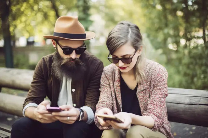 Young hipster couple sitting on a bench interacting with social networks with their smartphone. Ai Generative,.