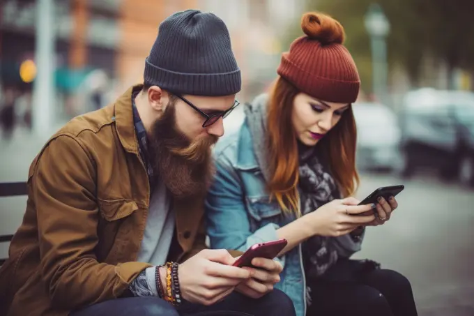 Fashionable young hipster couple sitting with smart phone, on social media, AI Generative,.