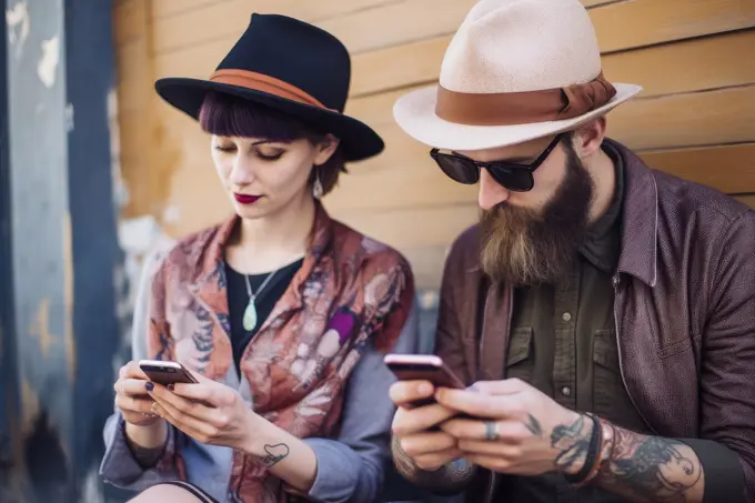 Fashionable young hipster couple sitting with smart phone, on social media, AI Generative,.