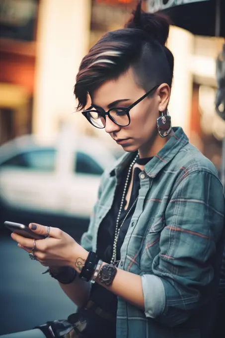 hipster girl with glasses vintage clothes, using smartphone in the city, Ai Generative,.