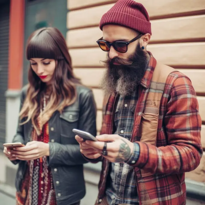 hipster couple looking at smartphone on sidewalk, Ai Generative,.