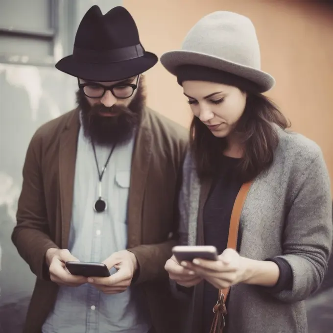 Young hipster couple sitting on a bench interacting with social networks with their smartphone. Ai Generative,.