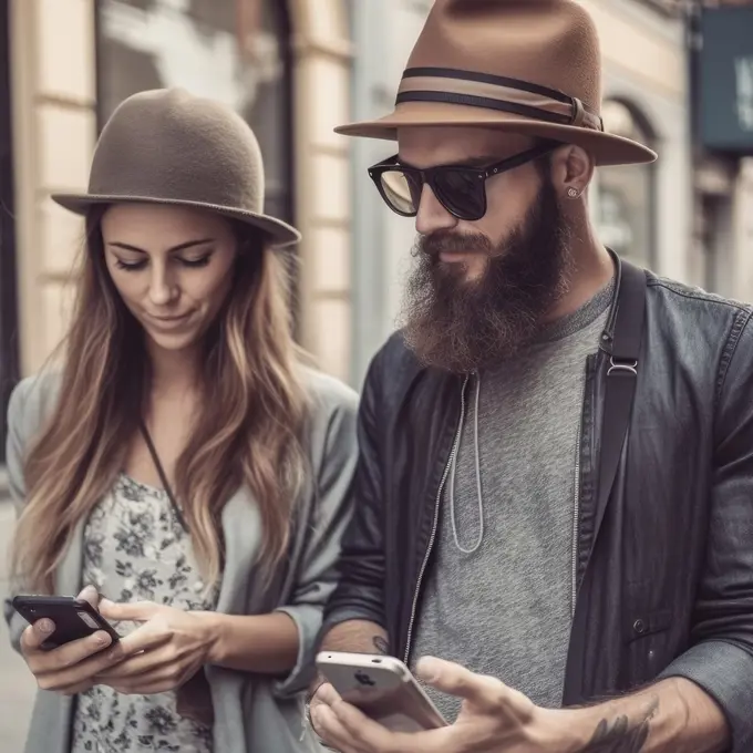 Fashionable young hipster couple sitting with smart phone, on social media, AI Generative,.