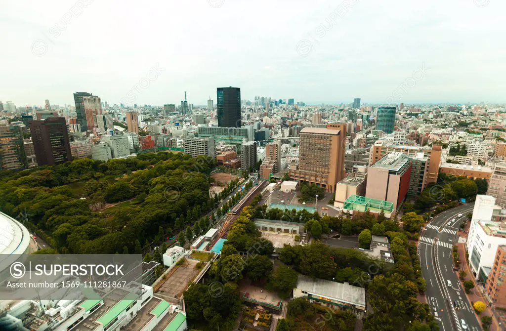 Elevated view of modern cityscape