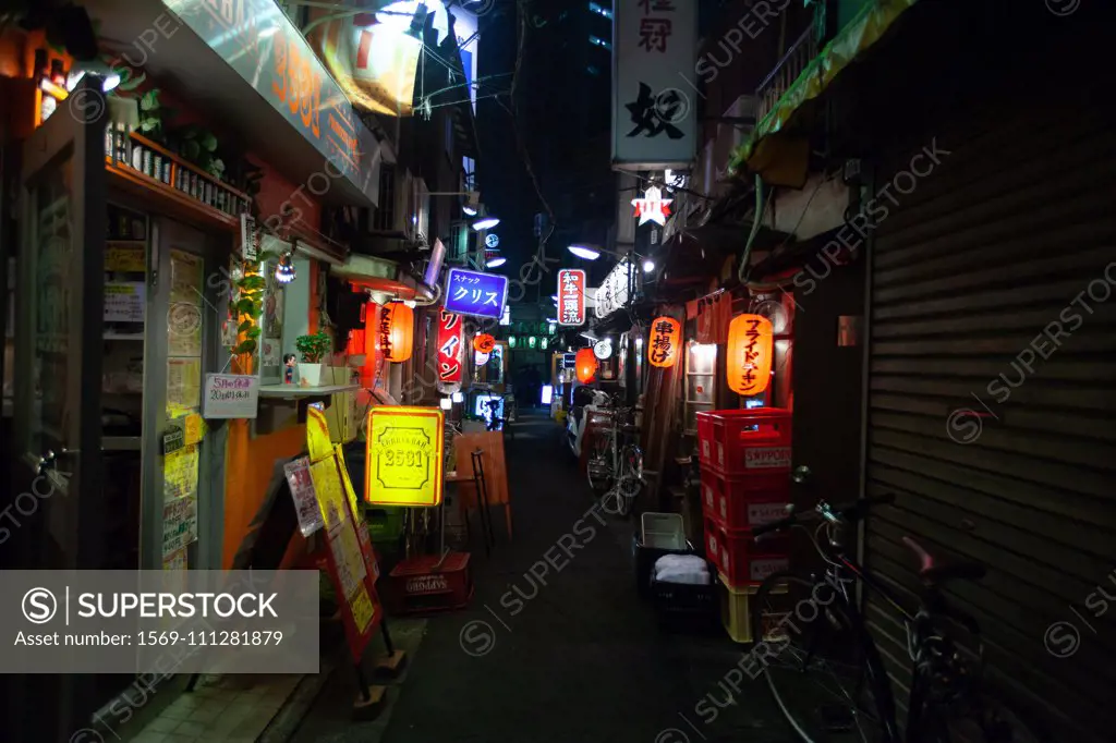 Illuminated signs of shops and bar at night