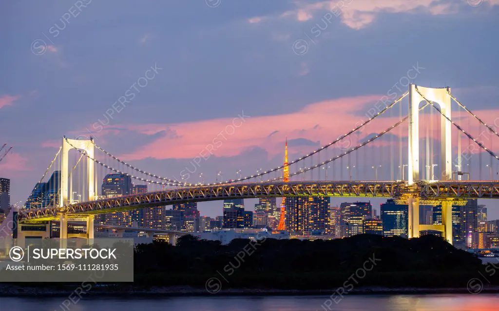 Tokyo skyline with Rainbow bridge and Tokyo tower