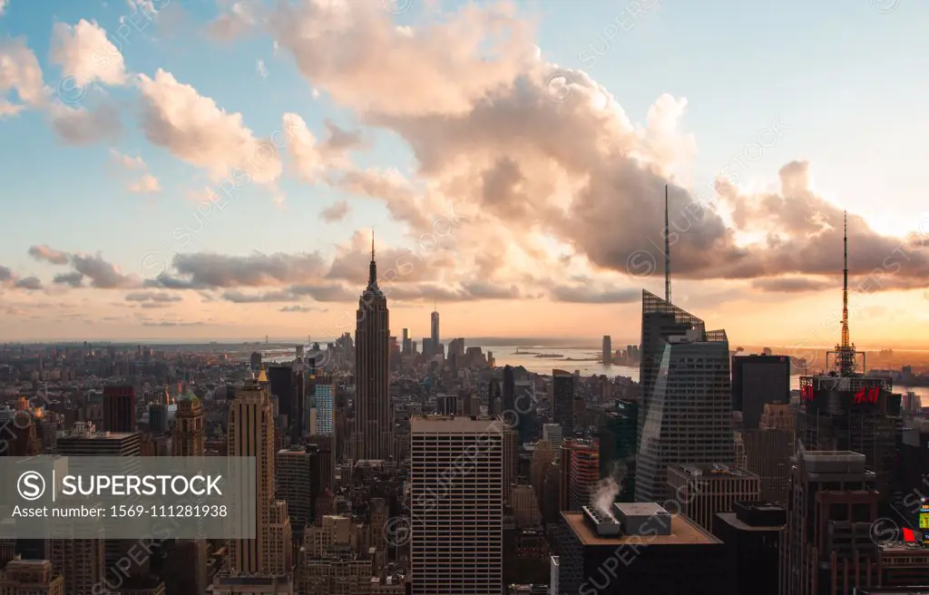 View of Empire State building with modern cityscape