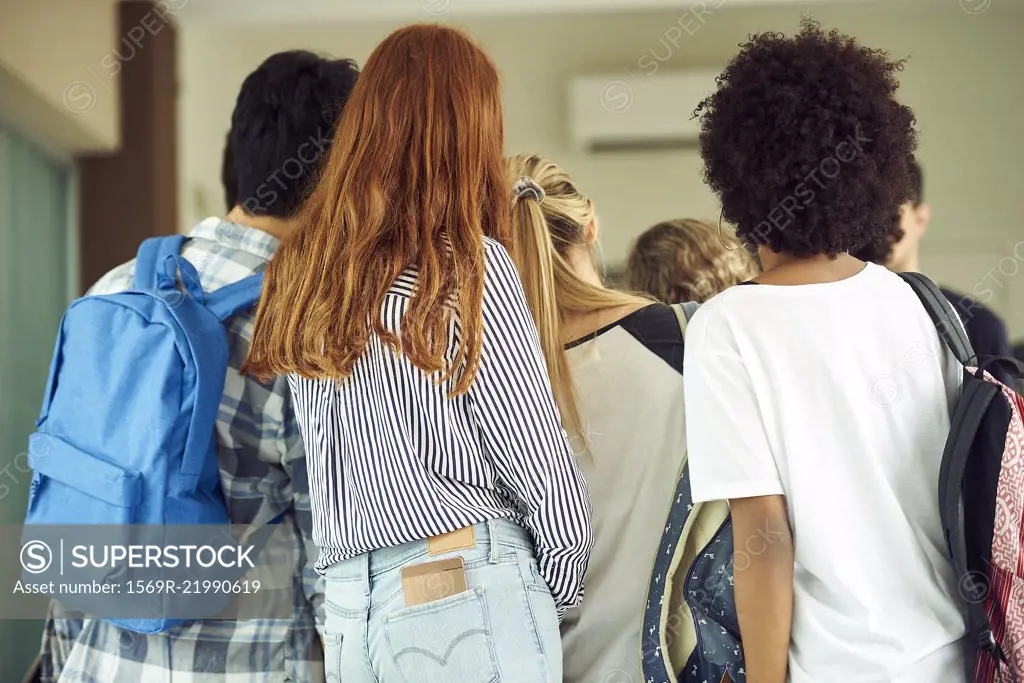 Students standing in school corridor, rear view