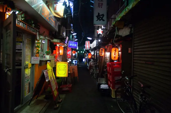 Illuminated signs of shops and bar at night