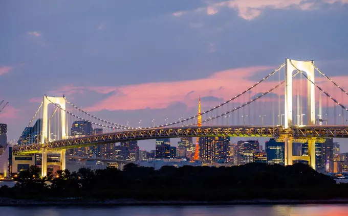 Tokyo skyline with Rainbow bridge and Tokyo tower