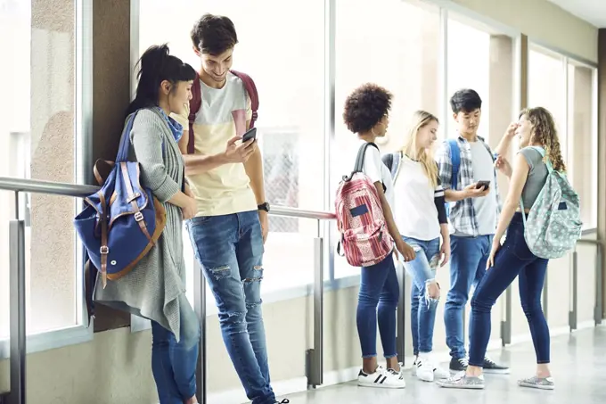 Students hanging out in school corridor between classes